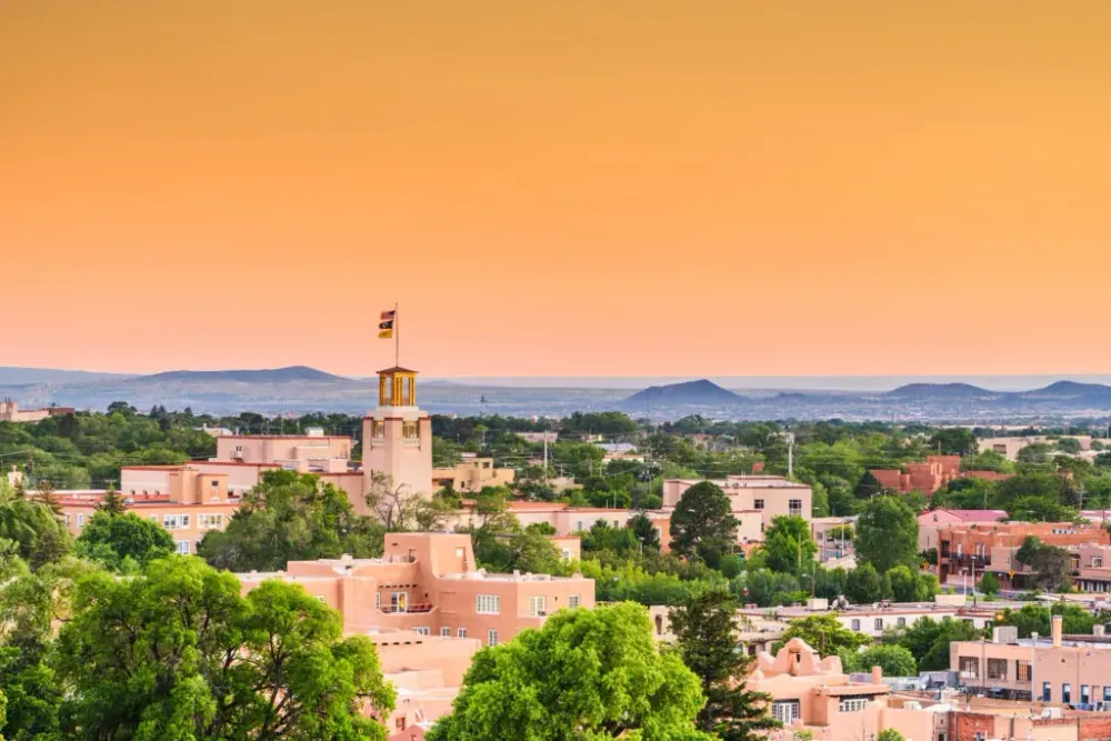 Skyline of Santa Fe, New Mexico at sunset